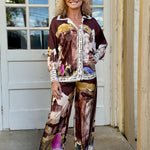 Satin Village Print Pant In brown at ooh la la! in Grapevine TX 76051