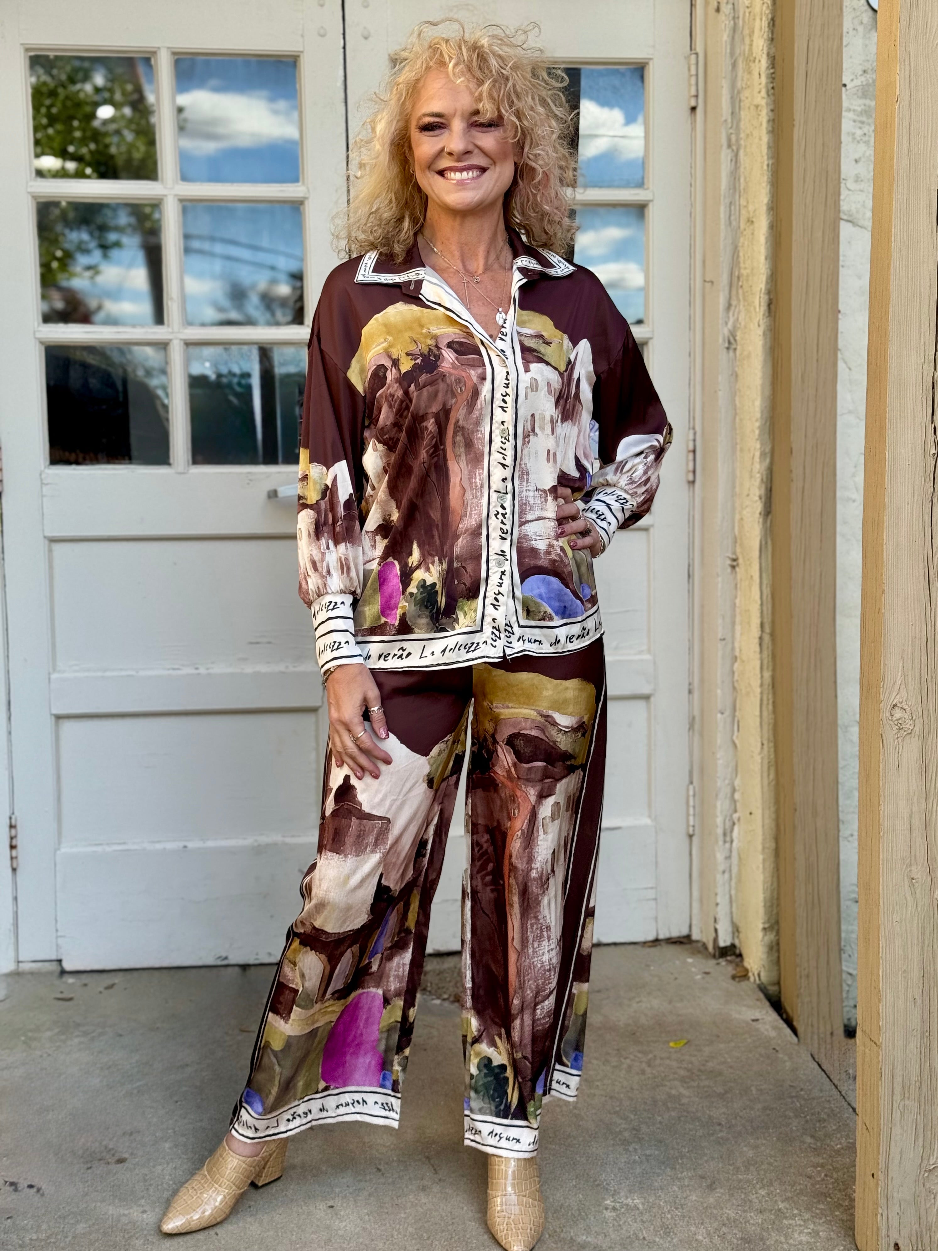 Satin Village Print Pant In brown at ooh la la! in Grapevine TX 76051