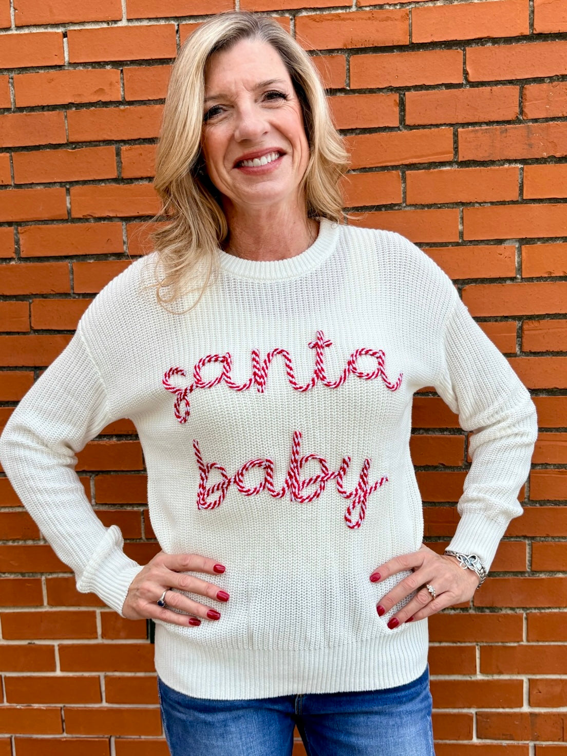 Simply Southern Santa Baby Embroidered Pullover Sweater in white at ooh la la! in Grapevine TX 76051