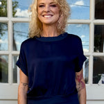 Satin Short Sleeve Top with Rib Knit Trim in navy at ooh la la! in Grapevine TX 76051