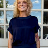 Satin Short Sleeve Top with Rib Knit Trim in navy at ooh la la! in Grapevine TX 76051