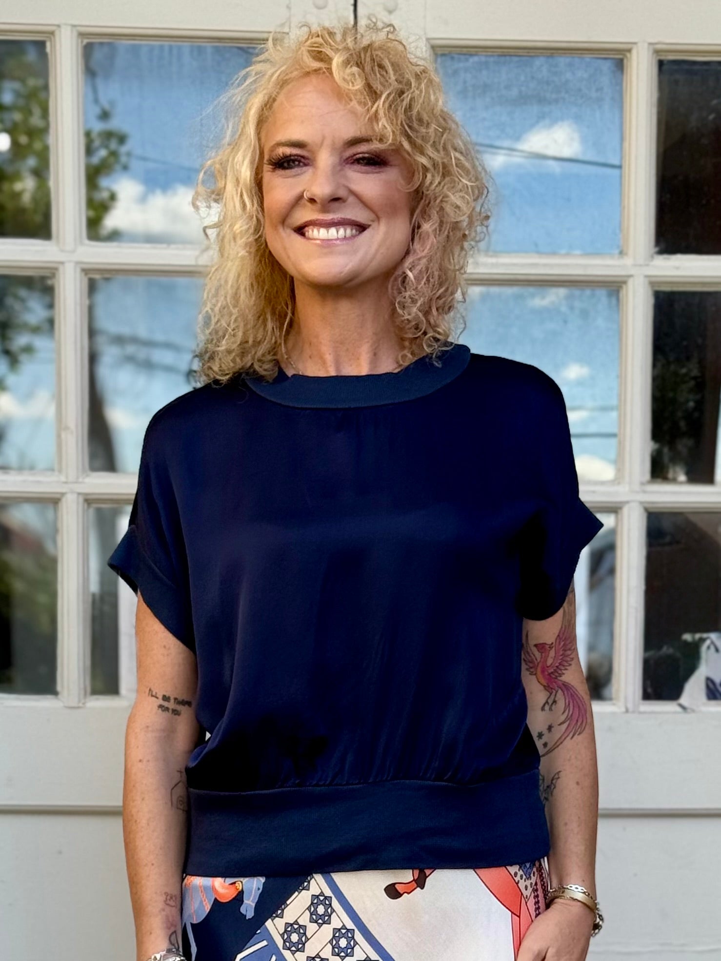 Satin Short Sleeve Top with Rib Knit Trim in navy at ooh la la! in Grapevine TX 76051