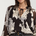 Liverpool long sleeve chiffon jacquard top with tie neck in black multi floral pattern