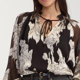 Liverpool long sleeve chiffon jacquard top with tie neck in black multi floral pattern