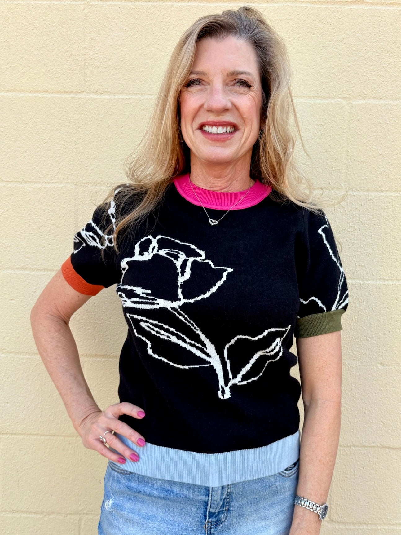 Color Blocked Band Floral Knit Top in black at ooh la la! in Grapevine TX 76051