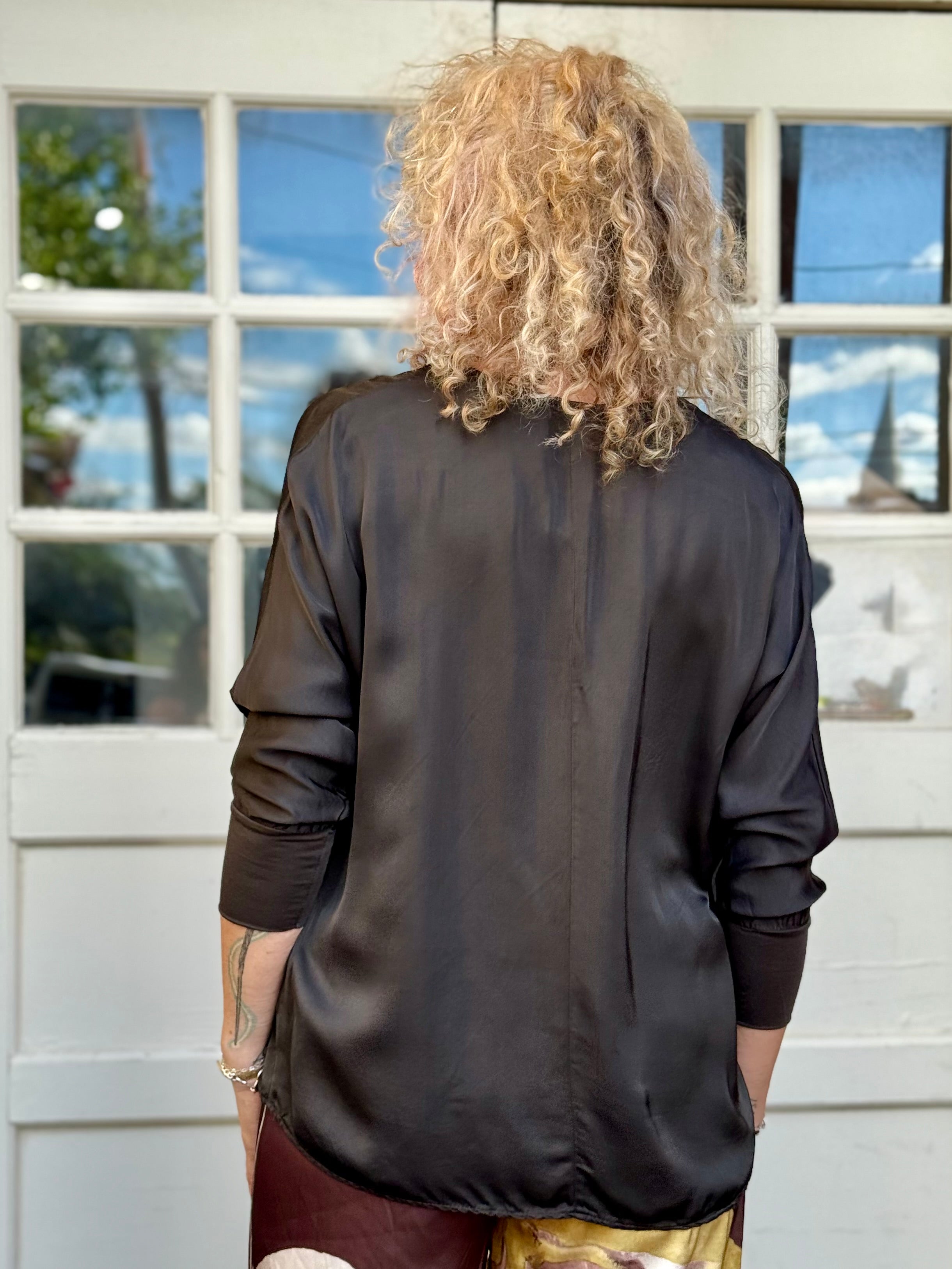 Satin Long Sleeve V-Neck Blouse In brown at ooh la la! In Grapevine TX 76051