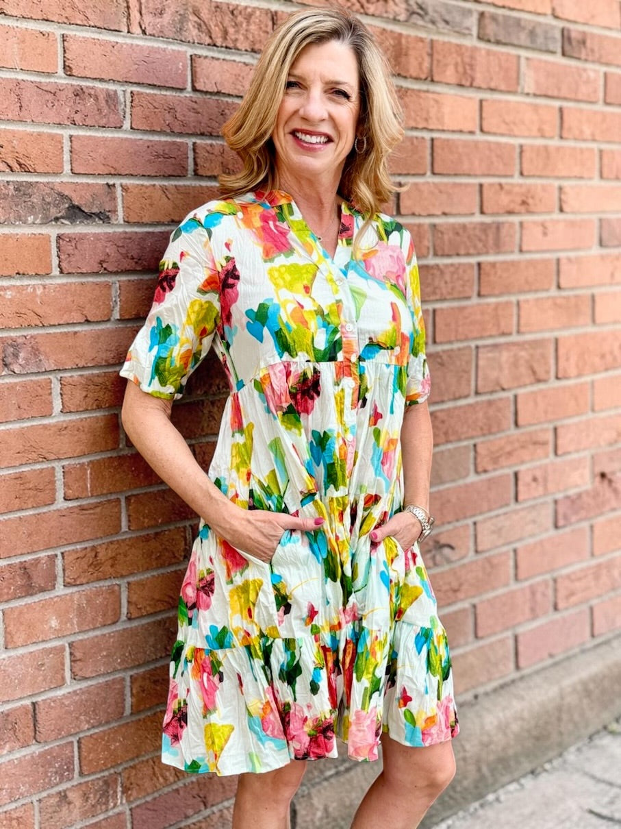 Organic cotton dress, floral shirt dress, tiered summer dress, Dress Addict, crinkle cotton dress, sustainable fashion, abstract floral print, summer dresses with pockets. at ooh la la! in Grapevine TX 76051