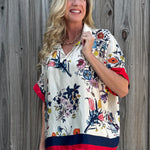 Made in Italy Satin Floral Pullover Blouse in navy at ooh la la! in Grapevine TX 76051