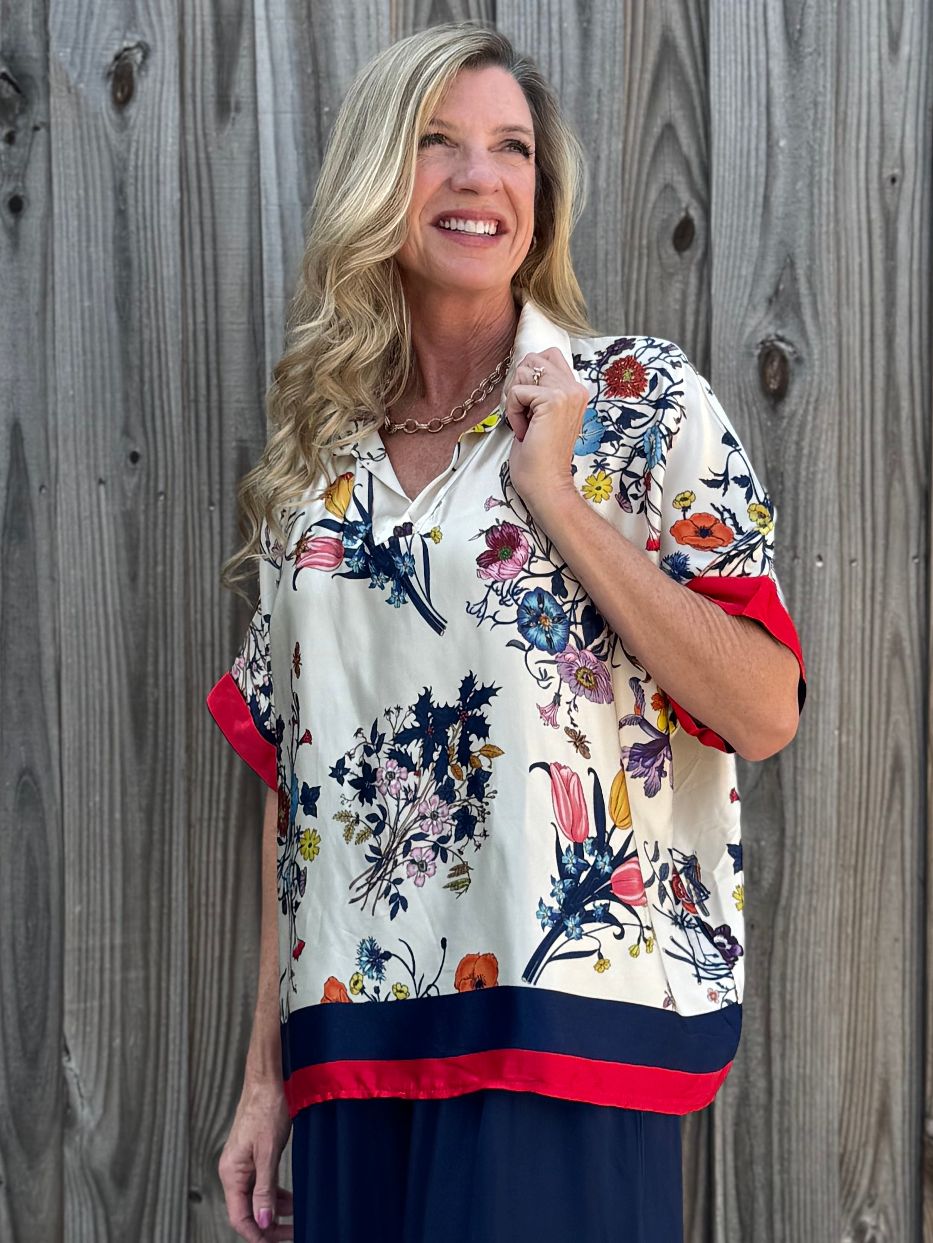 Made in Italy Satin Floral Pullover Blouse in navy at ooh la la! in Grapevine TX 76051