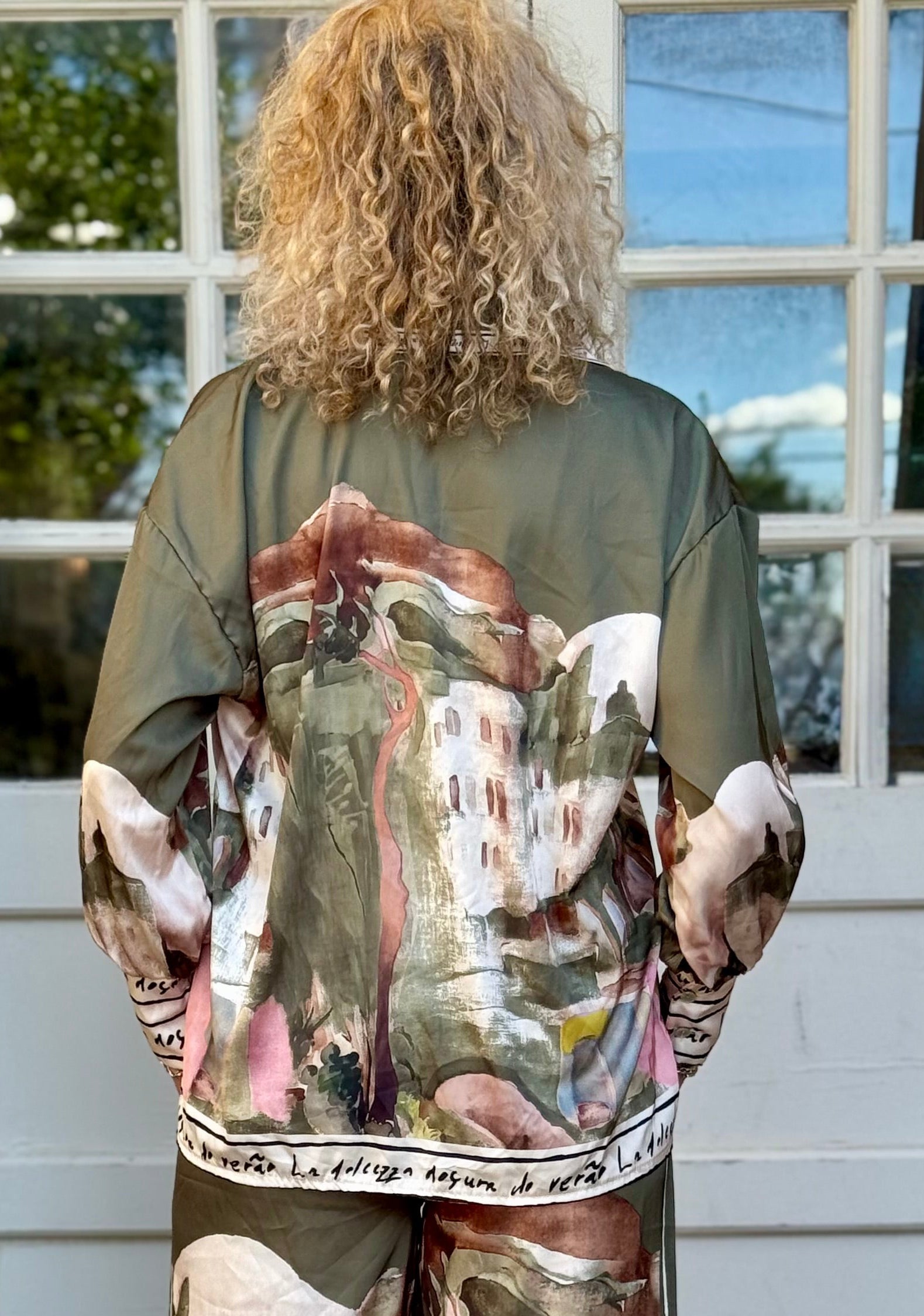 Satin Village Print Long Sleeve Blouse in Olive at ooh la la! in Grapevine TX 76051