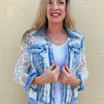 Adore Denim Jacket Inset with White Lace at ooh la la! in Grapevine TX 76051