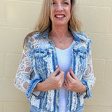 Adore Denim Jacket Inset with White Lace at ooh la la! in Grapevine TX 76051