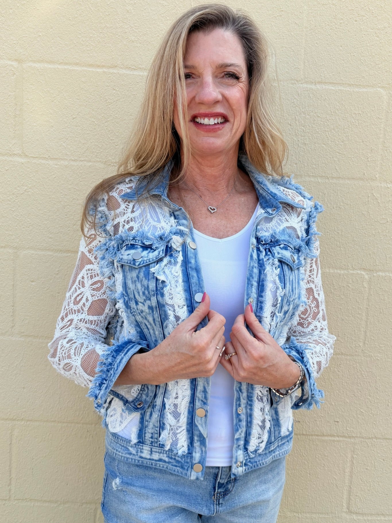 Adore Denim Jacket Inset with White Lace at ooh la la! in Grapevine TX 76051