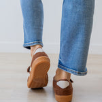 Corky's Calm Down Maryjane Sneaker in chestnut brown suede with gum sole, worn with jeans at ooh la la! in Grapevine TX 76051