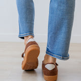 Corky's Calm Down Maryjane Sneaker in chestnut brown suede with gum sole, worn with jeans at ooh la la! in Grapevine TX 76051