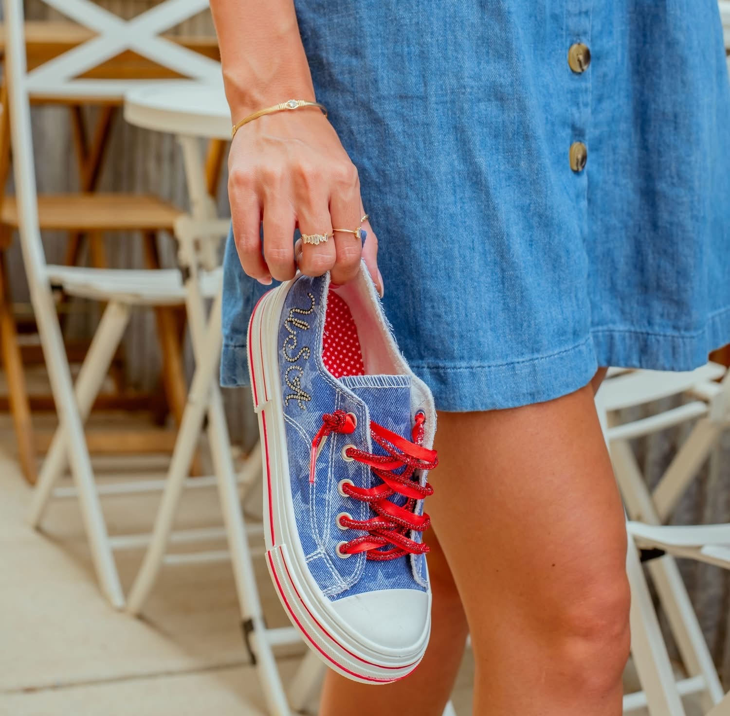 Very G Aman sneakers, patriotic denim shoes, star print platform sneakers, USA rhinestone sneakers, red sparkle laces, women’s dark denim sneakers, Americana footwear, Very G platform shoes, red white and blue sneakers. at ooh la la! in Grapevine TX 76051