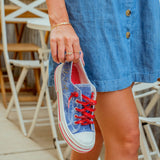 Very G Aman sneakers, patriotic denim shoes, star print platform sneakers, USA rhinestone sneakers, red sparkle laces, women’s dark denim sneakers, Americana footwear, Very G platform shoes, red white and blue sneakers. at ooh la la! in Grapevine TX 76051