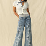 Bayeas High Rise Embroidered Embellished Wide Leg Jeans in light blue at ooh la la! in Grapevine TX 76051