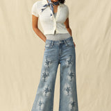 Bayeas High Rise Embroidered Embellished Wide Leg Jeans in light blue at ooh la la! in Grapevine TX 76051