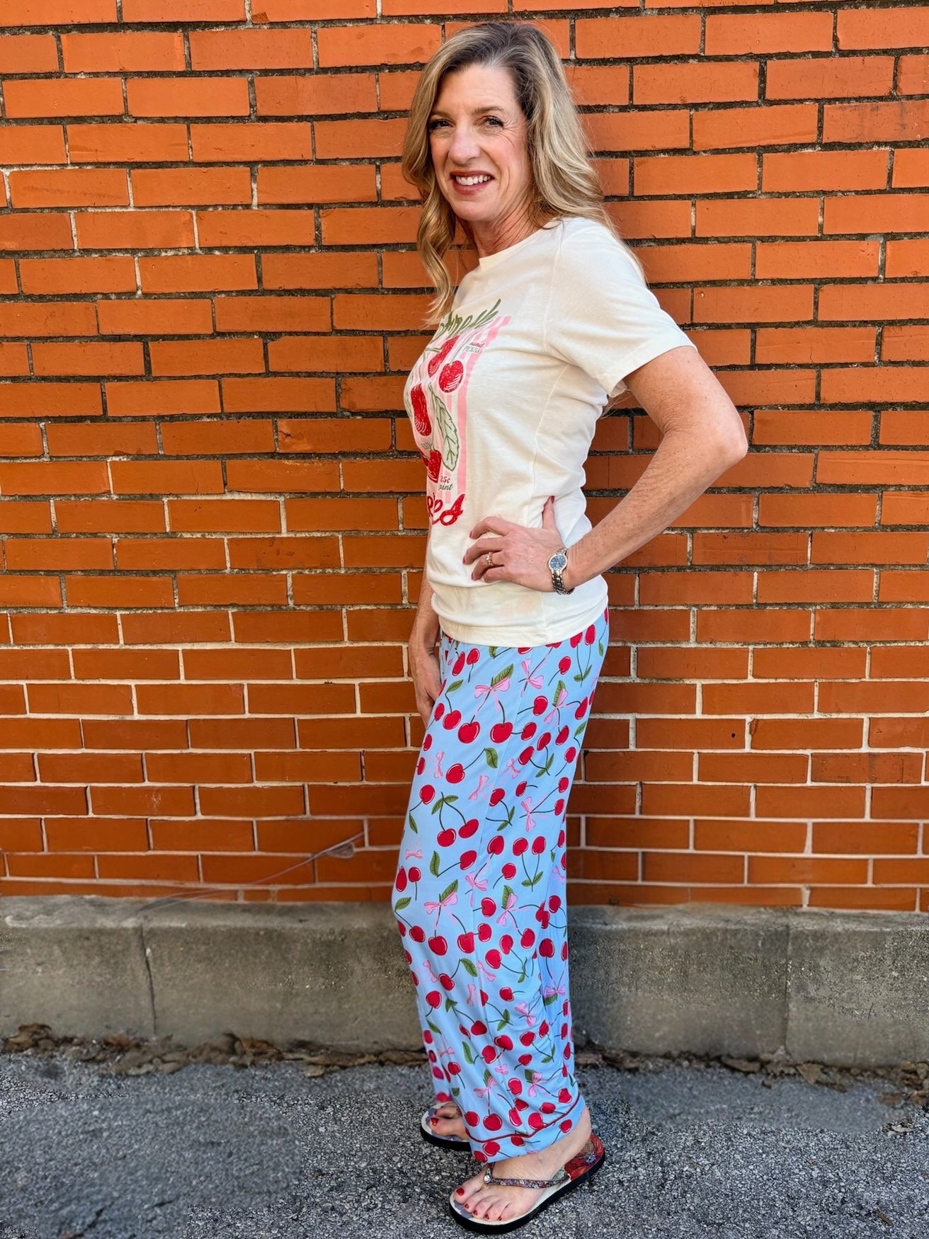 cherry pajamas, soft lounge pants, women's pajama bottoms, rayon spandex pjs, blue cherry print, drawstring sleepwear, gift for her, cute loungewear
at ooh la la in Grapevine TX 76051