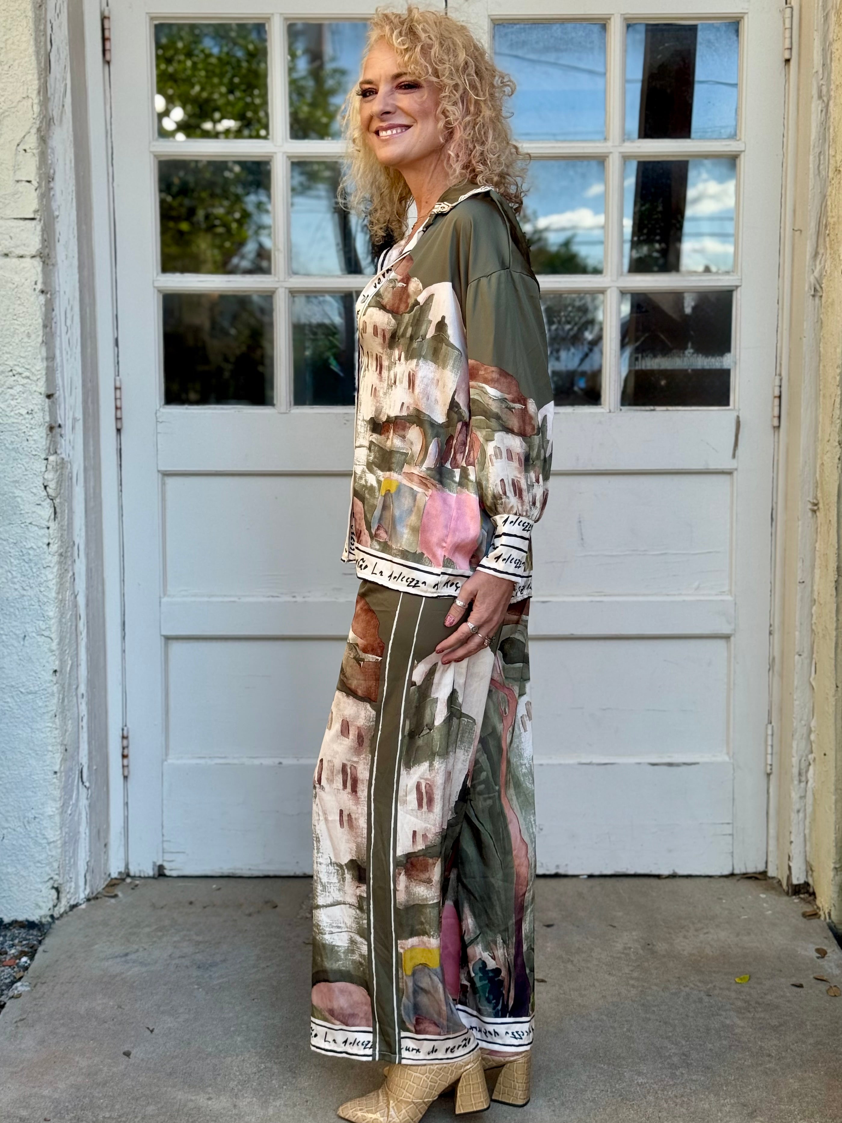 Satin Village Print Pant In Olive at ooh la la! in Grapevine TX 76051