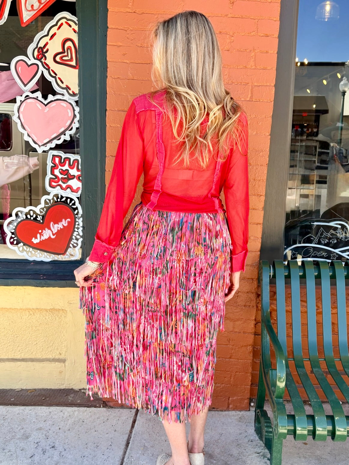 Printed Fringe Midi Skirt in Hot Pink Floral at ooh la la! in Grapevine TX 76051