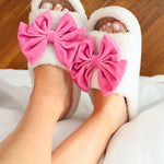 White/Pink Open Toe Cozy Bow Slippers at ooh la la! in Grapevine TX 76051