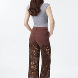 High Rise Embroidered Lace Wide Leg Jeans with Rhinestones in Chocolate Brown at ooh la la! in Grapevine TX 76051