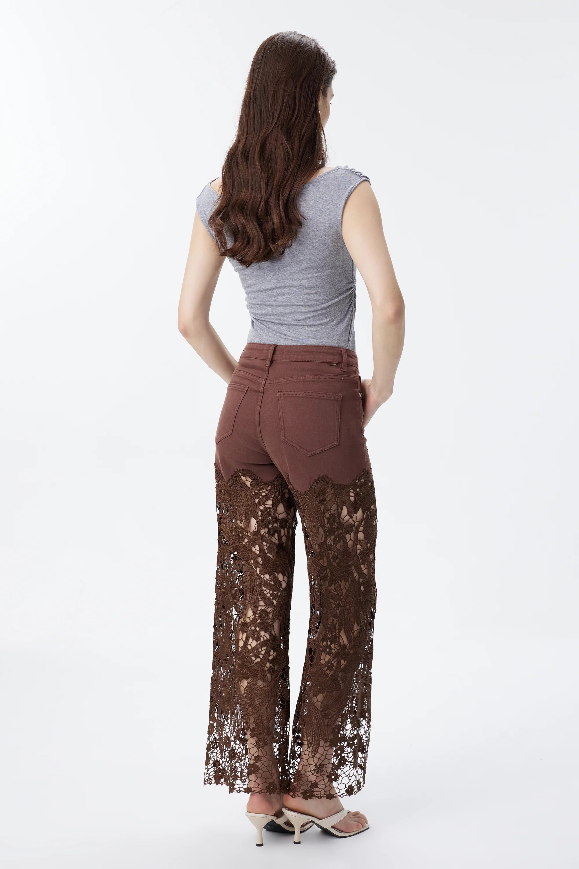 High Rise Embroidered Lace Wide Leg Jeans with Rhinestones in Chocolate Brown at ooh la la! in Grapevine TX 76051