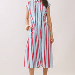 Americana dress, striped midi dress, shirt dress with pockets, A-line summer dress, button down dress, red white and blue dress, slimming vertical stripes, patriotic fashion. at ooh la la! in Grapevine TX 76051