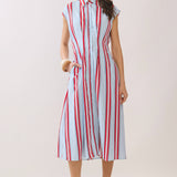 Americana dress, striped midi dress, shirt dress with pockets, A-line summer dress, button down dress, red white and blue dress, slimming vertical stripes, patriotic fashion. at ooh la la! in Grapevine TX 76051