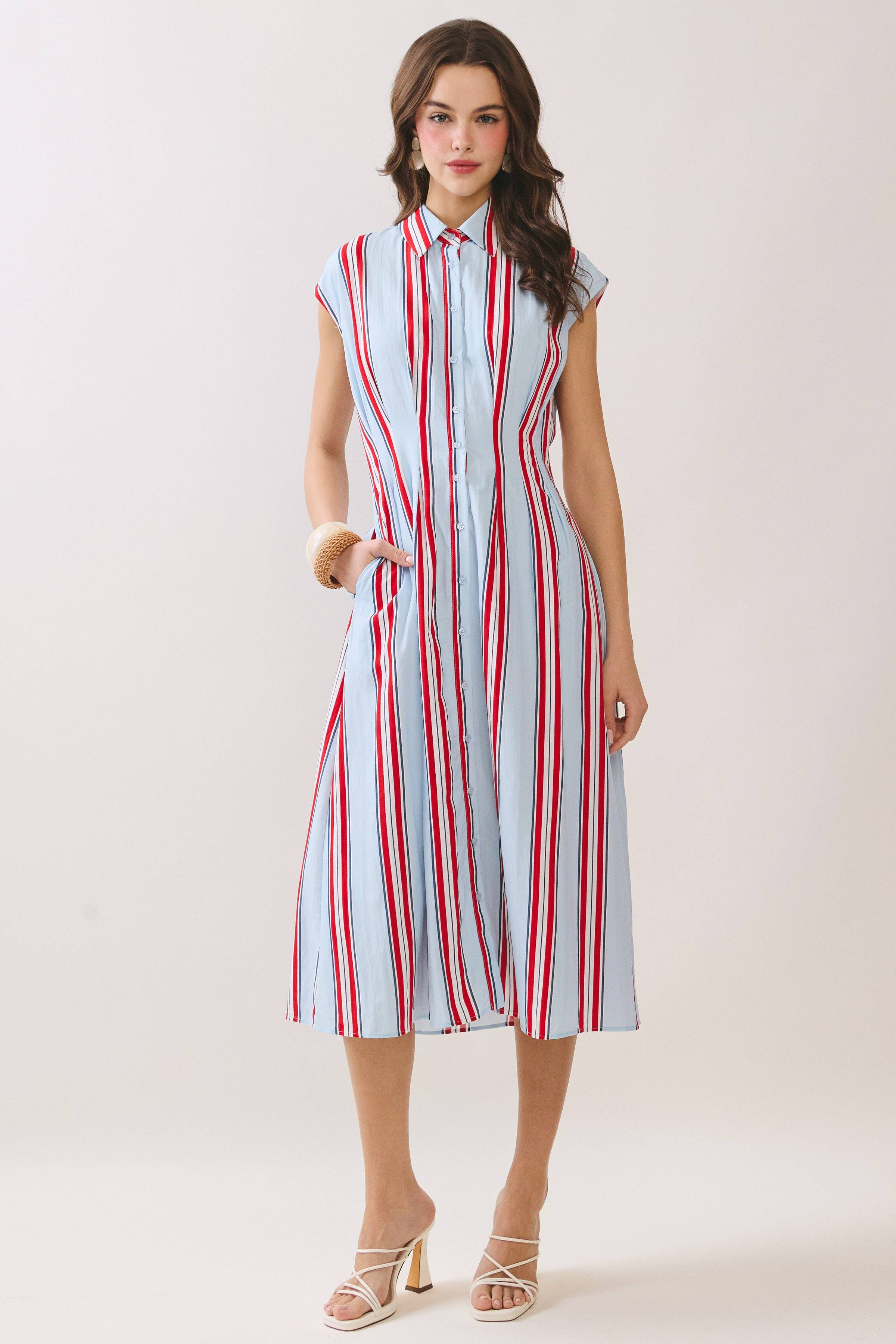 Americana dress, striped midi dress, shirt dress with pockets, A-line summer dress, button down dress, red white and blue dress, slimming vertical stripes, patriotic fashion. at ooh la la! in Grapevine TX 76051
