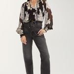 Liverpool long sleeve chiffon jacquard blouse with neck ties in black multi floral print