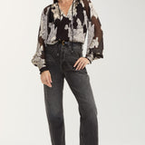 Liverpool long sleeve chiffon jacquard blouse with neck ties in black multi floral print