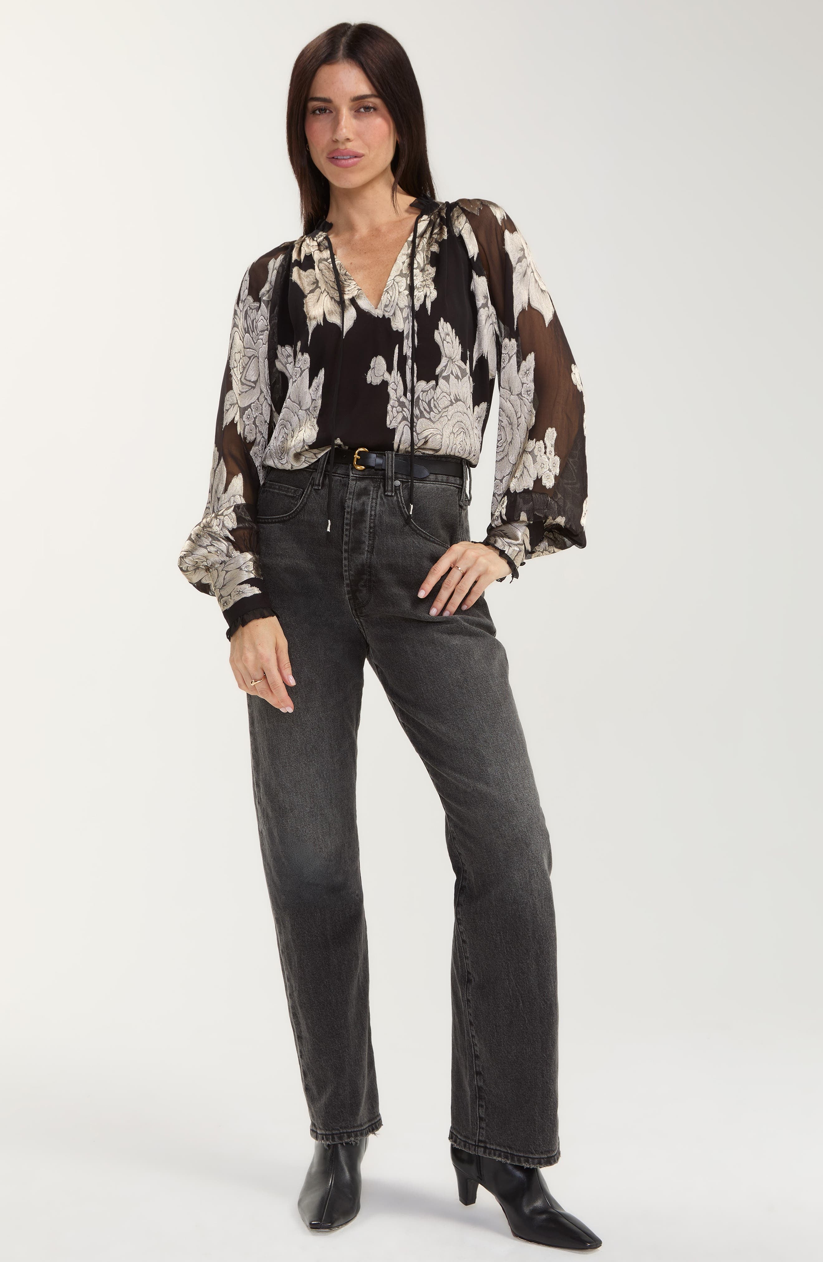 Liverpool long sleeve chiffon jacquard blouse with neck ties in black multi floral print