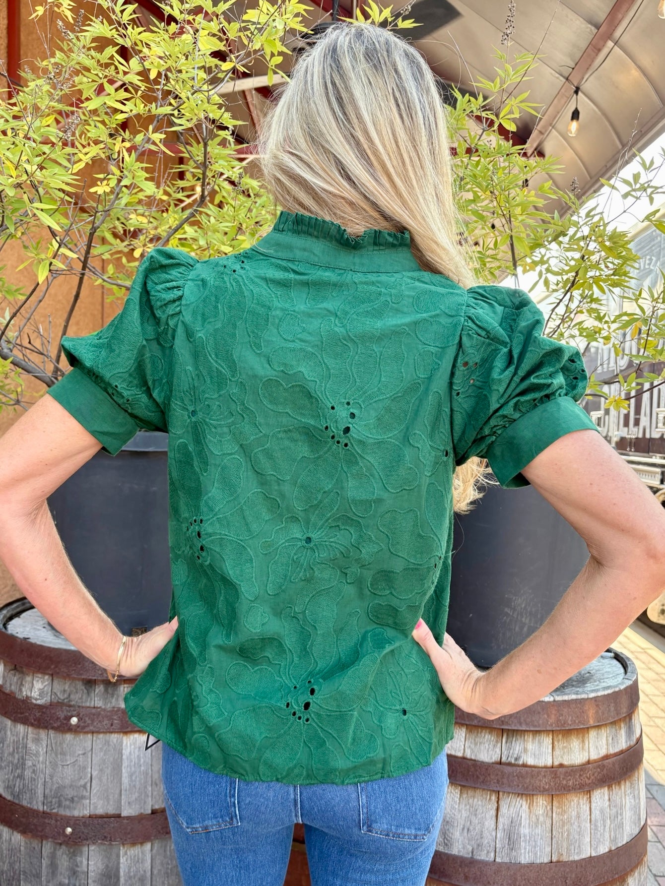 Floral embroidered short puff sleeve top in green at ooh la la! in Grapevine TX 76051