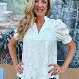 Floral embroidered short puff sleeve top in white at ooh la la! in Grapevine TX 76051