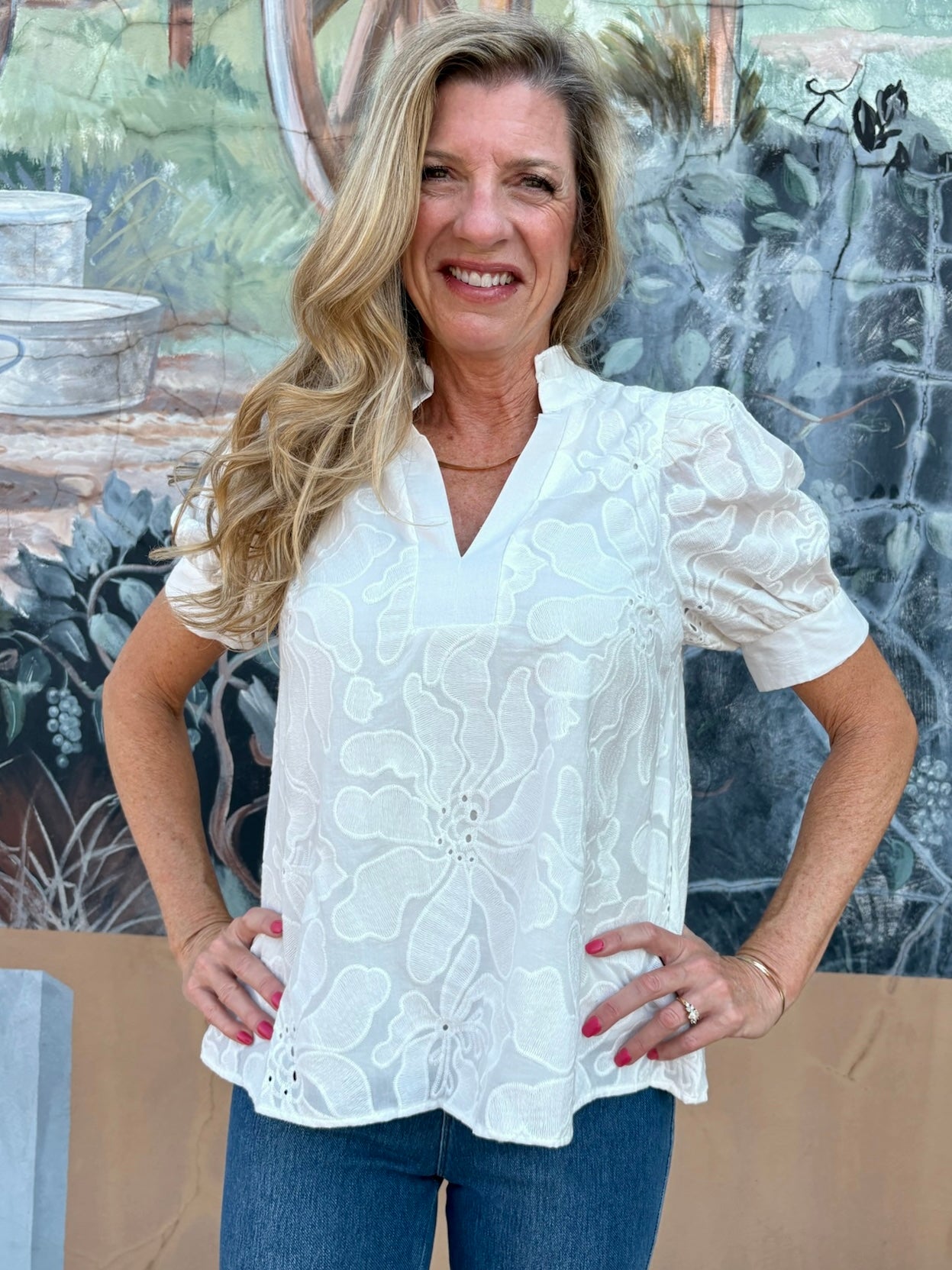Floral embroidered short puff sleeve top in white at ooh la la! in Grapevine TX 76051