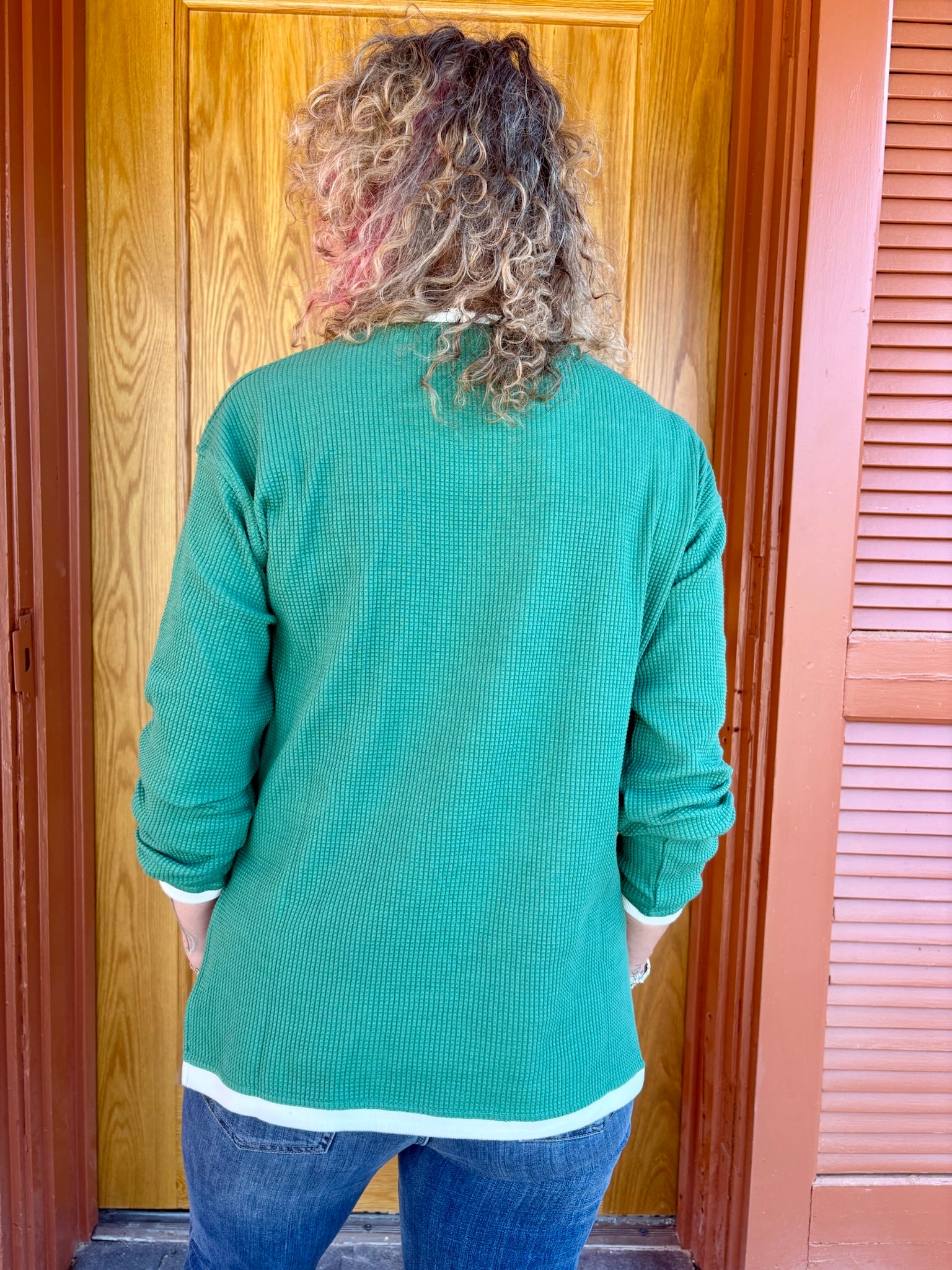 Happy Holiday Trees Embossed Waffle Sweatshirt in green at ooh la la! in Grapevine TX 76051