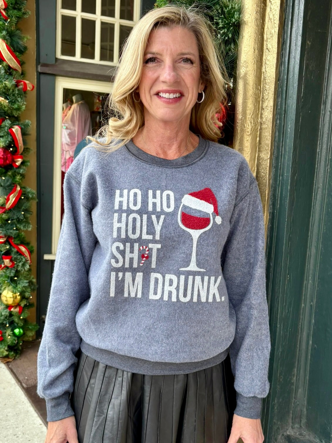 Ho Ho Holy Sh*t I'm Drunk Inverted Sweatshirt In charcoal grey at ooh la la! in Grapevine TX 76051