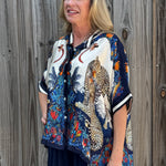 Satin Safari Blouse in Navy at ooh la la! in Grapevine TX 76051