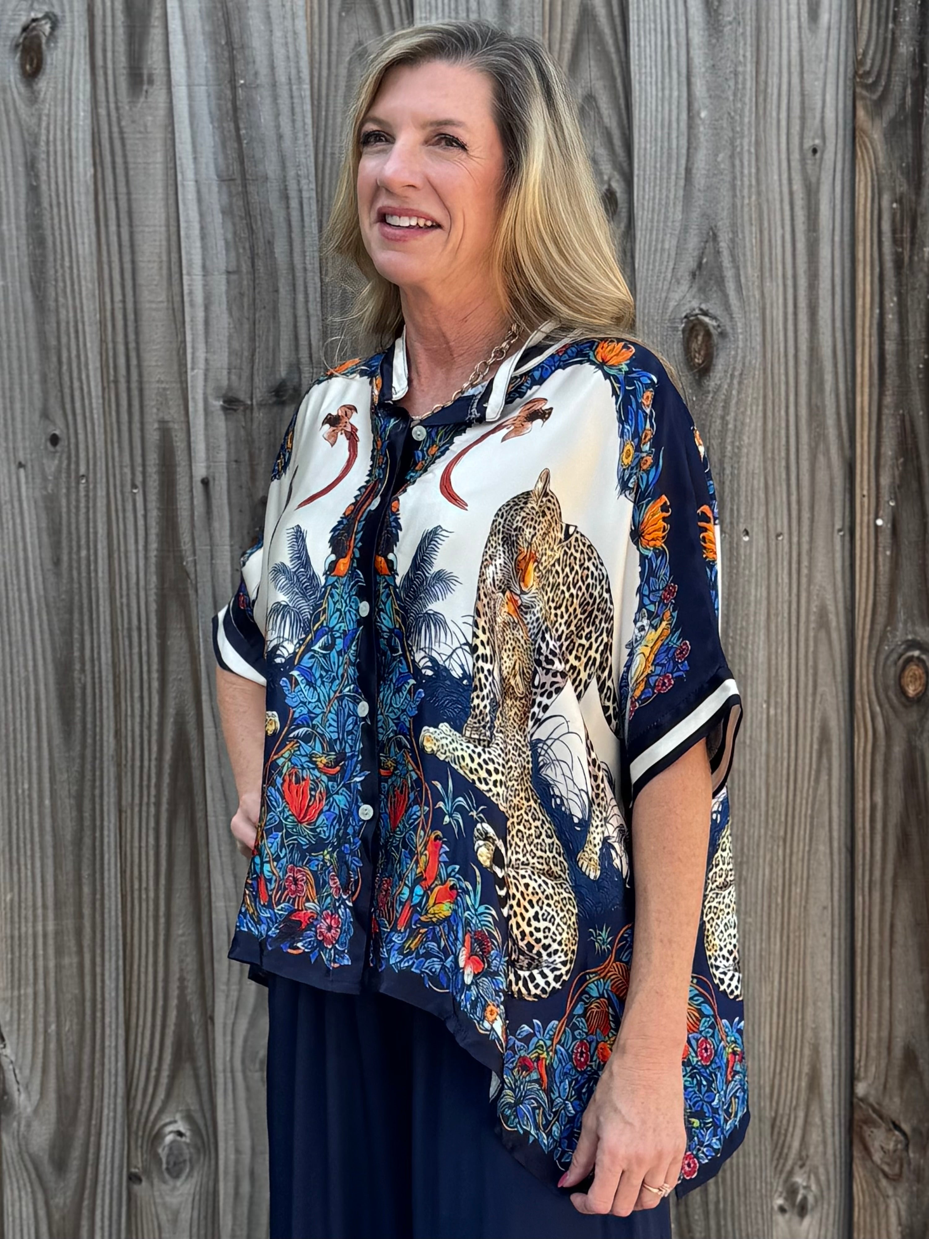 Satin Safari Blouse in Navy at ooh la la! in Grapevine TX 76051