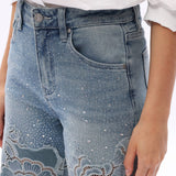 Crystal Embellished Velvet Floral Lace Wide Leg Jeans at ooh la la! in Grapevine TX 76051