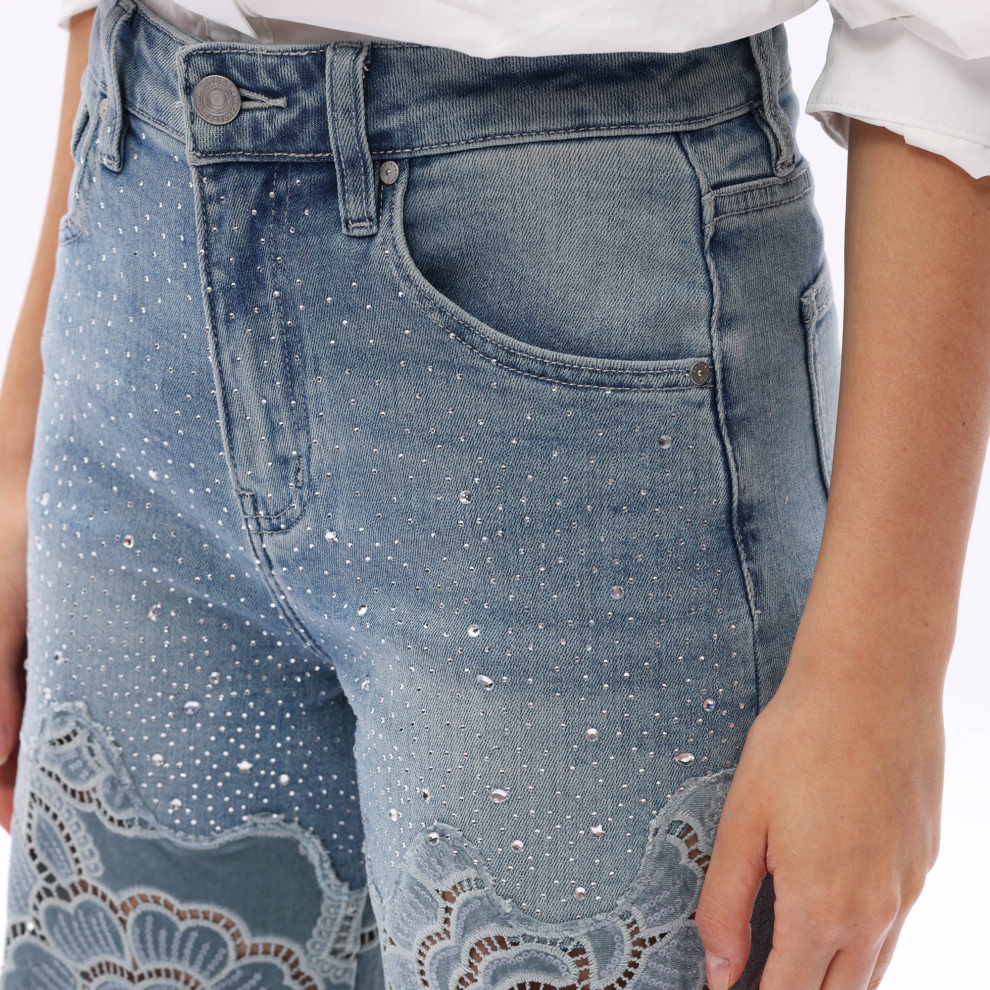 Crystal Embellished Velvet Floral Lace Wide Leg Jeans at ooh la la! in Grapevine TX 76051