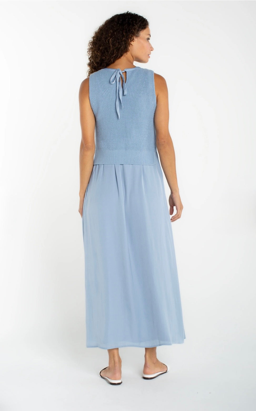 Liverpool Sleeveless Tie Back Sweater Woven Dress in malibu blue at Ooh La La! in Grapevine TX 76051
