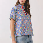 floral stripe print, split neck blouse, women top, versatile blouse, dressy casual top at ooh la la! in Grapevine TX 76051