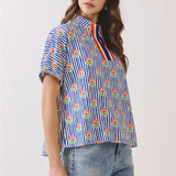floral stripe print, split neck blouse, women top, versatile blouse, dressy casual top at ooh la la! in Grapevine TX 76051