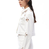 Petal Cutout Pearl-Embellished Cropped Denim Jacket