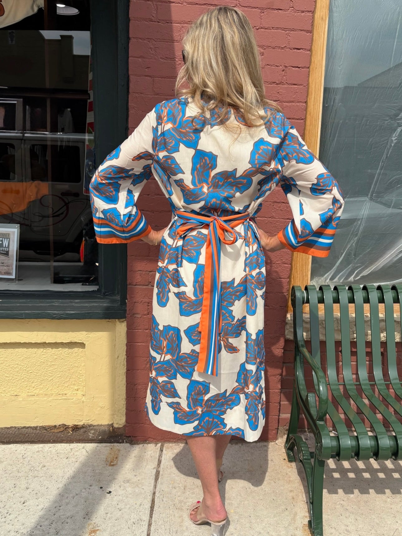 Jade Banded Collar Abstract Fall Leaves Midi Dress at ooh la la! in Grapevine TX 76051