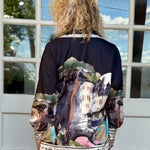 Satin Village Print Long Sleeve Blouse in black at ooh la la! in Grapevine TX 76051